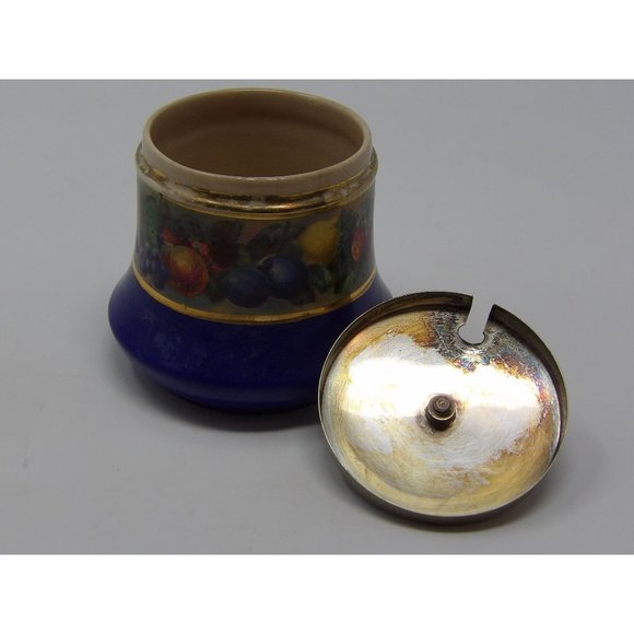 Meir Wade Staffordshire Porcelain Jam Jar Blue with Gold Trim Adorned with Fruit - Picture 8 of 10